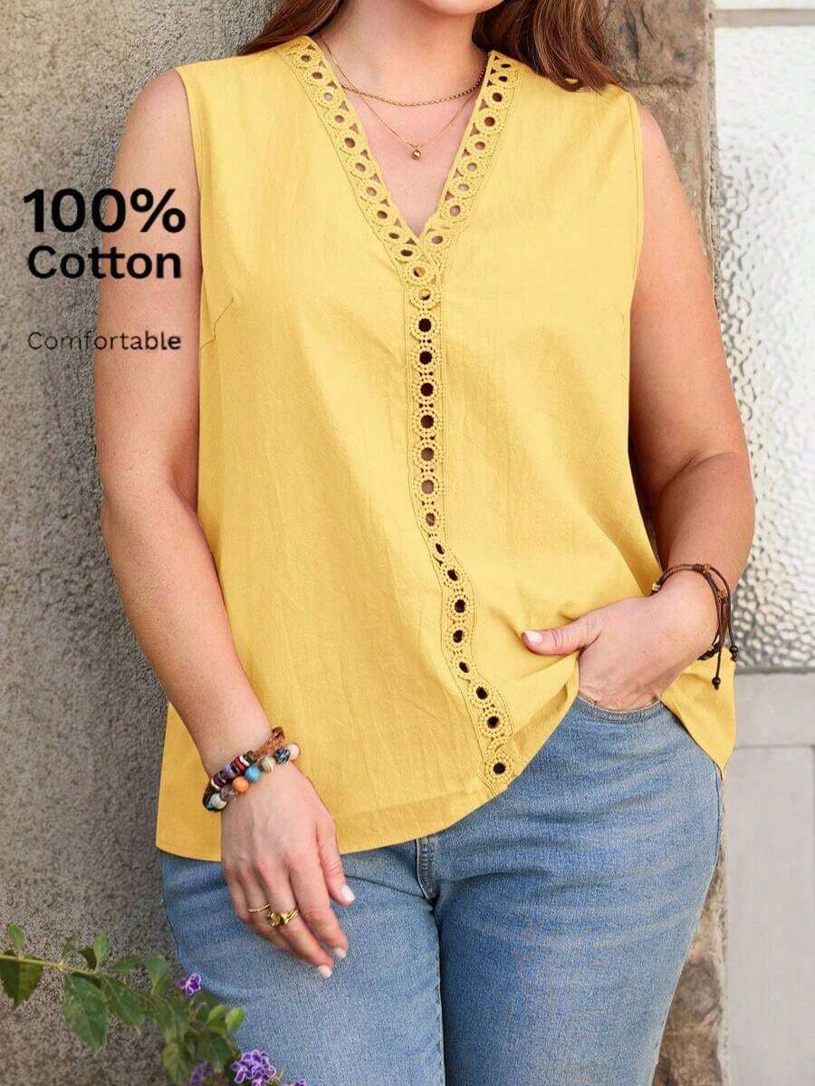 Camisa sin mangas minimalista y lisa de talla grande - Mostaza Amarilla - Ver 1