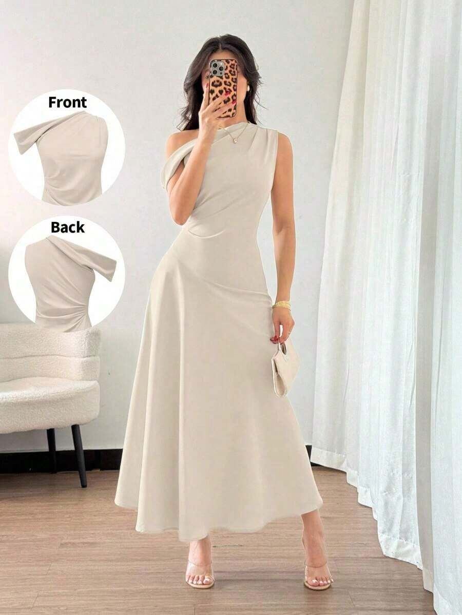 Vestido de cóctel elegante de estilo francés bohemio y chic con detalles de volantes, cuello asimétrico y silueta de línea A en color verde macaron, ideal para vacaciones, días festivos, graduación, citas - Negro - Ver 1