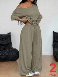 Conjunto de dos piezas de camiseta hombros descubiertos y pantalón ancho de chándal para mujer talla grande, minimalista, ropa de calle, uso diario, salir, deporte, cómodo - Verde militar - Ver 5