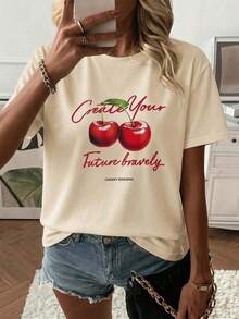 Camiseta casual de mujer con estampado de cerezas blancas, cuello redondo, manga corta y corte regular, perfecta para un uso diario elegante en otoño. - Amarillo claro - Ver 2