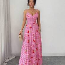 Vestido de tirantes rosa cereza con cintura ceñida y falda acampanada, vestido de verano casual y lindo para vacaciones. Vestido largo de mujer de verano estilo picnic, vestido maxi con lazo en la espalda a cuadros, vestido maxi a cuadros, vestido con estampado de fresa para mujer, vestido largo de verano, vestido rosa a cuadros para picnic, vestido con estampado de cereza para mujer, vestidos de verano para mujer, vestidos de picnic y vacaciones - Rosa - Ver 7