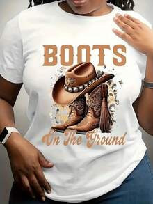 Women's Graphic Cowboy Boots And Hat T-Shirt - Soft And Breathable White Top With Brown Boots Design And "Boots On The Ground" Slogan - Casual Wear For Everyday Use And Theme Parties - Machine Washable - 黑色 - 查看 6