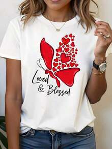 Women's T-Shirt Short Sleeve Cotton T-Shirt With Round Neck For Women, With Butterfly Heart Print And The Word "Loved", Regular Fit. - 白色 - 查看 1