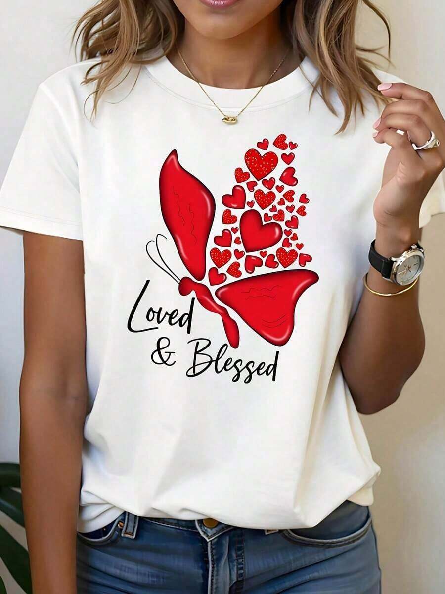 Women's T-Shirt Short Sleeve Cotton T-Shirt With Round Neck For Women, With Butterfly Heart Print And The Word "Loved", Regular Fit. - 白色 - 查看 1