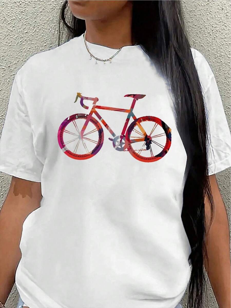 This Lightweight And Durable Short-Sleeved T-Shirt, Featuring A Vibrant Cycling Design, Is Perfect For Casual Outings At Home, In The Park, Or At A Coffee Shop, Offering A Comfortable Everyday Wear Experience. - 白色 - 查看 1