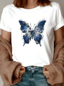 Blue Butterfly Adorned With Pearls Symbolizing Freedom, Transformation, And Feminine Beauty, Reflecting A Connection With Nature And Inner Power. A Modern And Comfortable Casual Women's T-Shirt For Everyday Wear. - White - View 8