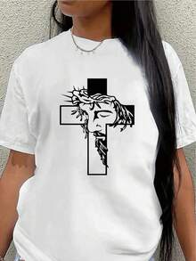 Polyester Short-Sleeved T-Shirt, Decorated With A Jesus Cross Print, Lightweight And Durable, Suitable For Everyday Wear, Whether At Church, At Home, Or For Casual Outings, With A Comfortable Fit For Adults. - 白色 - 查看 1
