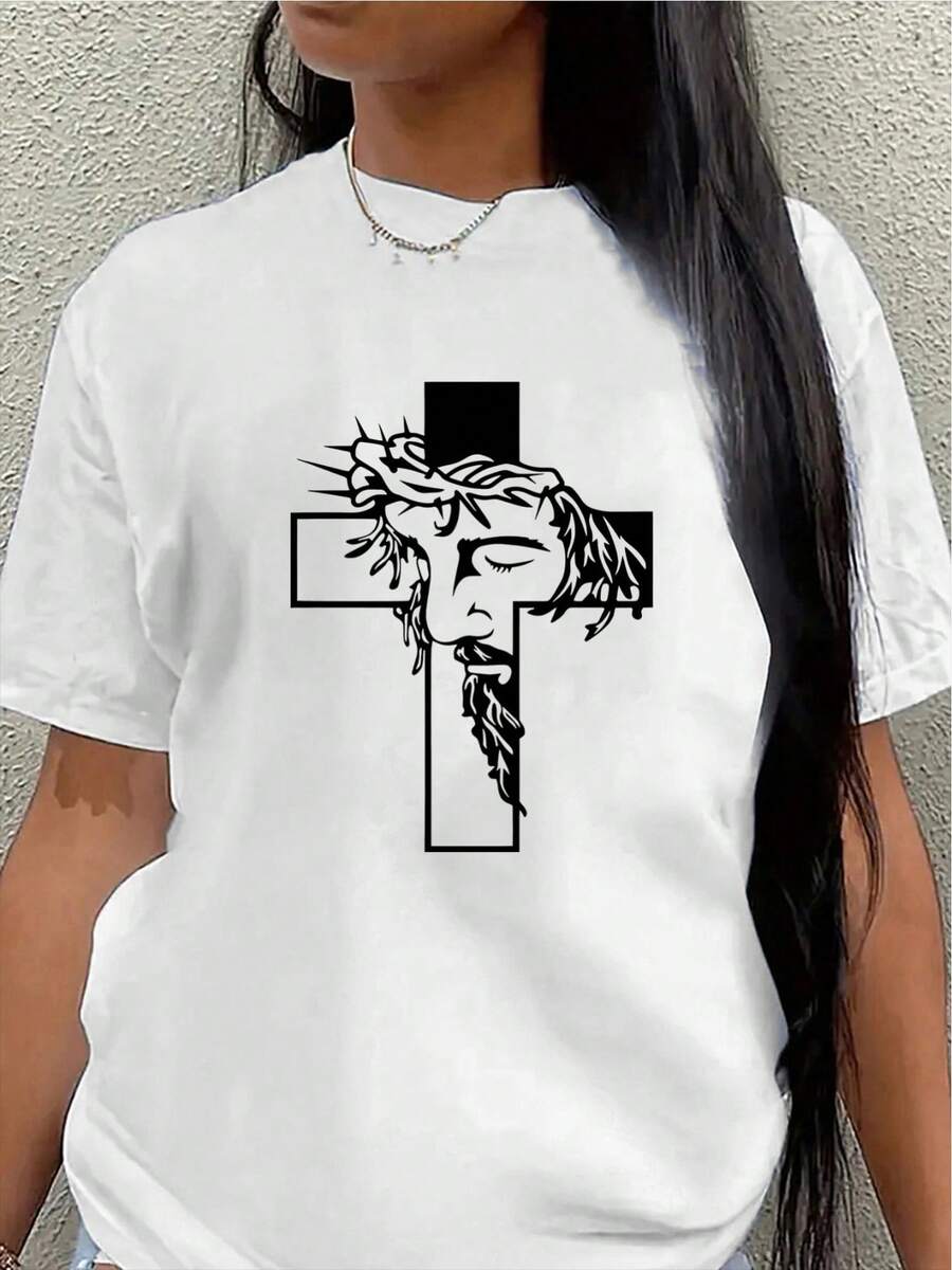 Polyester Short-Sleeved T-Shirt, Decorated With A Jesus Cross Print, Lightweight And Durable, Suitable For Everyday Wear, Whether At Church, At Home, Or For Casual Outings, With A Comfortable Fit For Adults. - 白色 - 查看 1