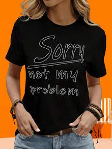 Camiseta Gráfica de Fiesta "Sorry Not My Problem" para Mujer, Casual, de Manga Corta, Camiseta Gráfica de Moda para Uso Diario, Camiseta de Manga Corta para Mujer en Blanco y Negro, Dos Camisetas para Ocio al Aire Libre y Hogar. - Negro - Ver 4