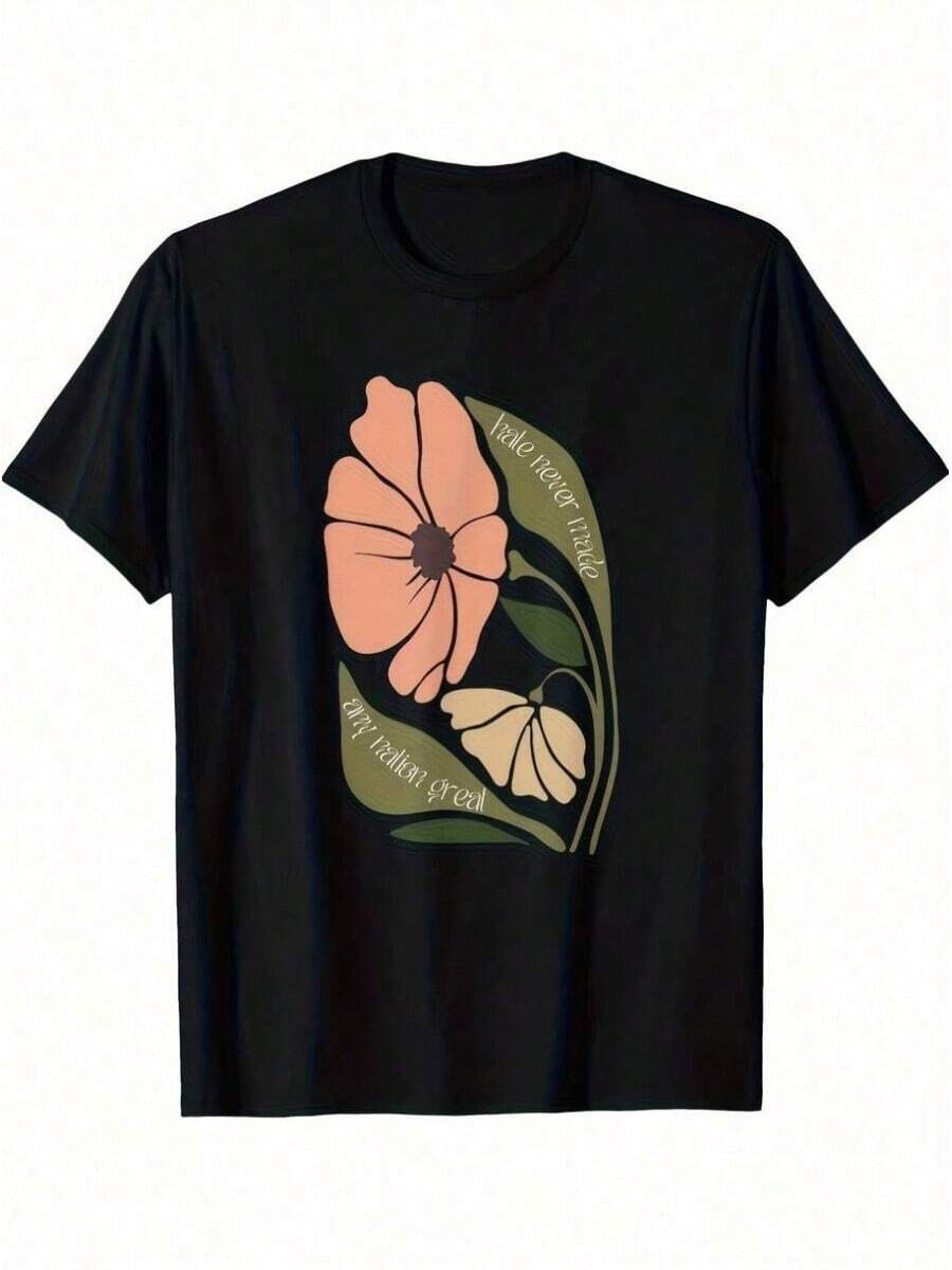 1 Piece Subt Floral Print T-Shirt, Zorro Glove, Daisy And Tulip 8647, For All Seasons, Cotton, Single-Sided Print, Round Neck, Short Sleeve, 180g, 100% Cotton, Designs Are Fully Printed. Unisex. - 黑色 38 - 查看 1