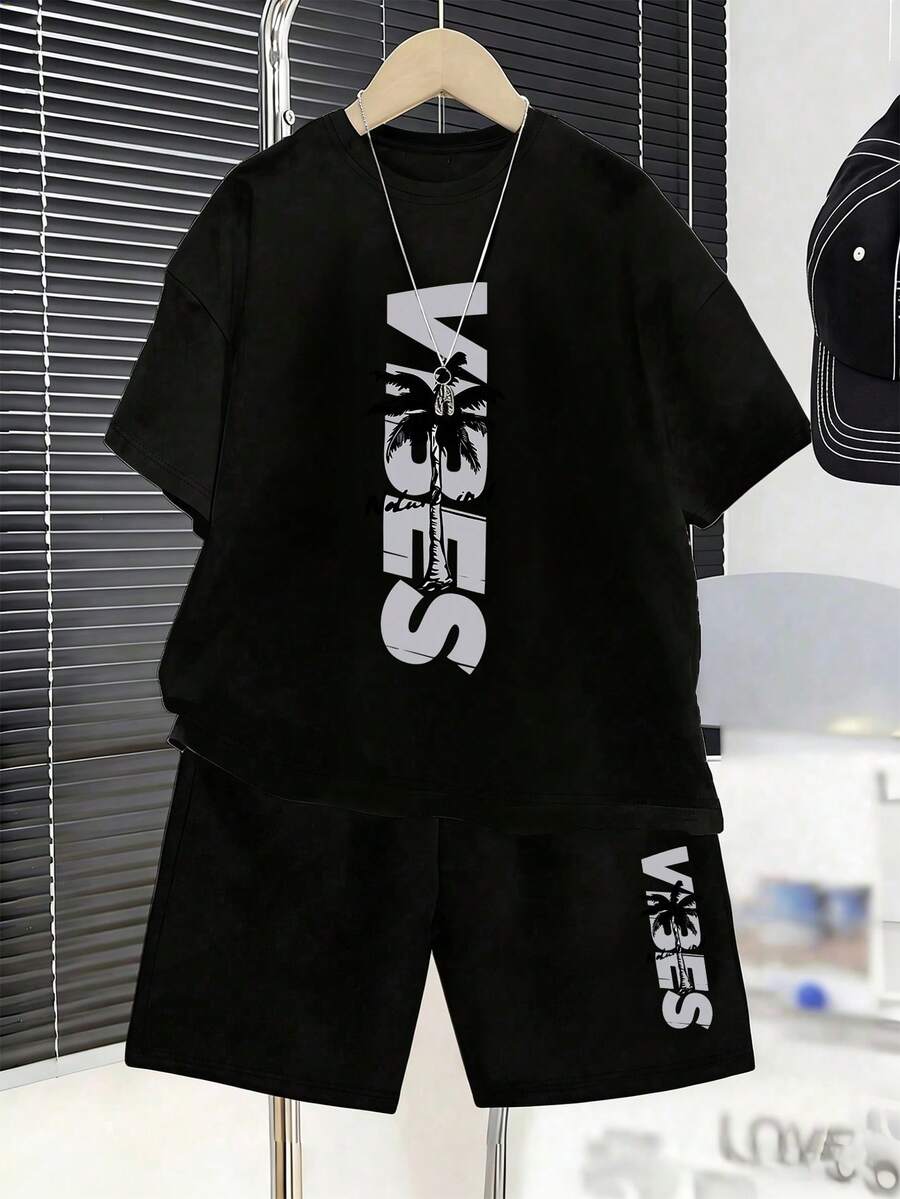 青少年男孩夏季休閒套裝,圓領字母椰子樹印花T恤與短褲套裝 - 黑色 - 查看 1