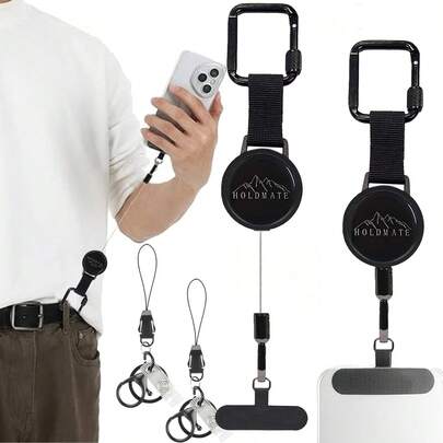 1pc (Carabiner + Pendant) Personalized Anti-Theft Phone Lanyard, Retractable Steel Wire Phone Strap With Lock Buckle And 360° Metal Clasp, Suitable For Outdoor Activities Like Skiing, Hiking, Climbing, Fishing, Black
