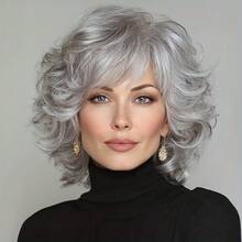 12 Inch Womens Fashion Elegant Gray Bangs Curly Synthetic Extensions High Temperature Synthetic Fiber Wig With Rose Hair Net Versatile For Cosplay Halloween Parties Celebrations Casual Daily Wear And Any Occasion Perfect Hair Extension For Women Fashion Style - 銀灰色 - 查看 1