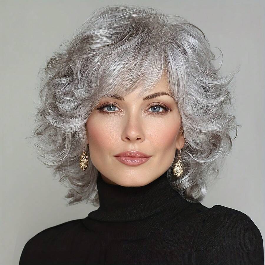 12 Inch Womens Fashion Elegant Gray Bangs Curly Synthetic Extensions High Temperature Synthetic Fiber Wig With Rose Hair Net Versatile For Cosplay Halloween Parties Celebrations Casual Daily Wear And Any Occasion Perfect Hair Extension For Women Fashion Style - 銀灰色 - 查看 1