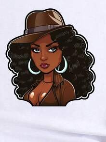 Chic Denim-Inspired Portrait Print T-Shirt For Women - Casual Fashion, Crew Neck, Short Sleeve, Breathable Polyester - Perfect For Spring/Summer - White - View 4