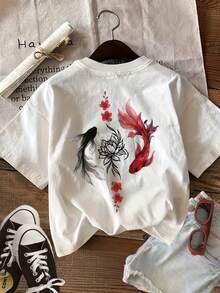 Women's Summer Clothes With Double-Sided Prints In A New Chinese Style, Featuring Koi Carp, Lotus, And Floral Branch Designs. This Sheer T-Shirt Is Perfect For Casual Everyday Wear, With A Round Neck And Short Sleeves. Women's Winter Clothes. - 白色 - 查看 3