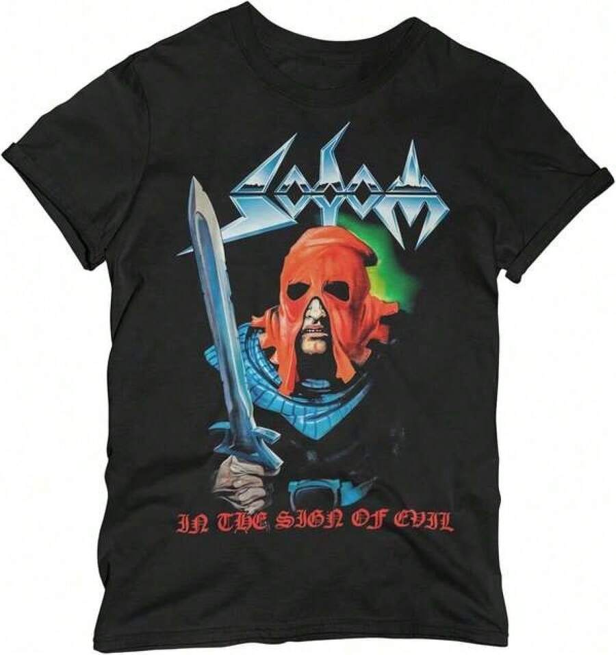 Unisex Black Short Sleeve T-Shirt For Men, Featuring The Sodom Band Logo And An Image Of A Skull Holding A Sword, With The Words "EN - 黑色 - 查看 1