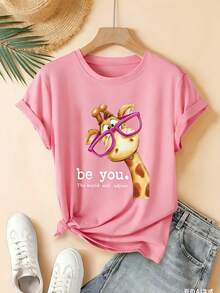Camiseta de Verano de Alta Gama para Mujer, Camiseta de Manga Corta con Diseño Novedoso, Estilo Deportivo Casual con Cuello Elástico, 100% Algodón, Estampado de Jirafa con Gafas Adorables, Crea Tu Propio Estilo, Top Casual Artístico, Moda Sencilla y , Éxito de . - Verde - Ver 9