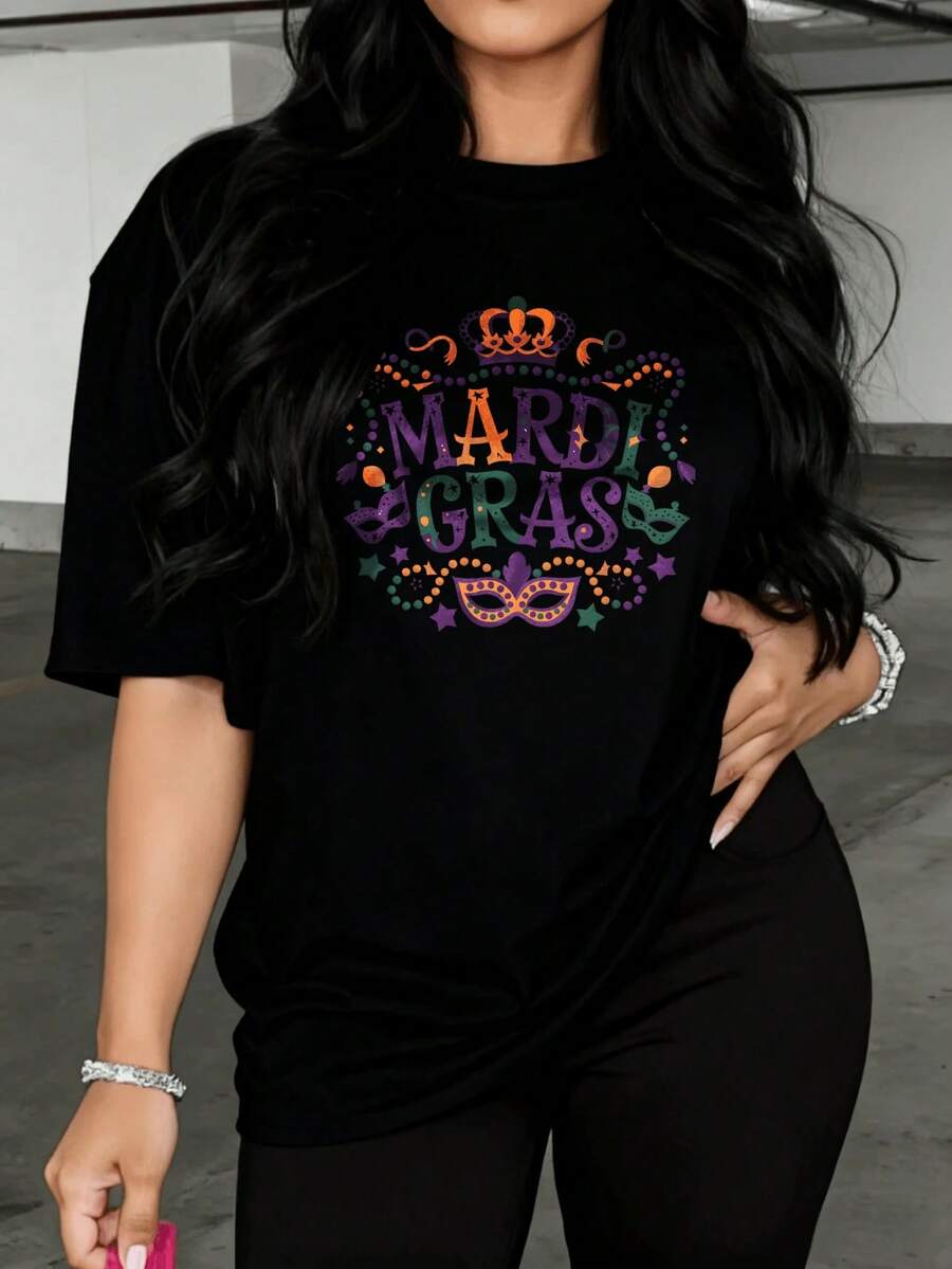 Women's Gras Design T-Shirt, Available In White And Color, Featuring A Festive, Skull And Star Print. This Casual Streetwear Top Is Perfect For Carnival Celebrations, Summer Outfits, And More. It's A Great Choice For Graphic Tees, Women's Crop Tops, And Other Summer Wear. Also Available In Cute Vintage Cotton, This T-Shirt Is Ideal For Christmas Outfits, Elegant Dresses, And More. Suitable For Spring, Summer, And Autumn. - Black - View 1