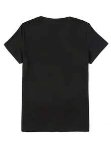 Plus Size - Plus Size - Women's T-Shirt With Minimalist Print And Round Neck With Tie, Casual Short Sleeve Top - 黑色 - 查看 2