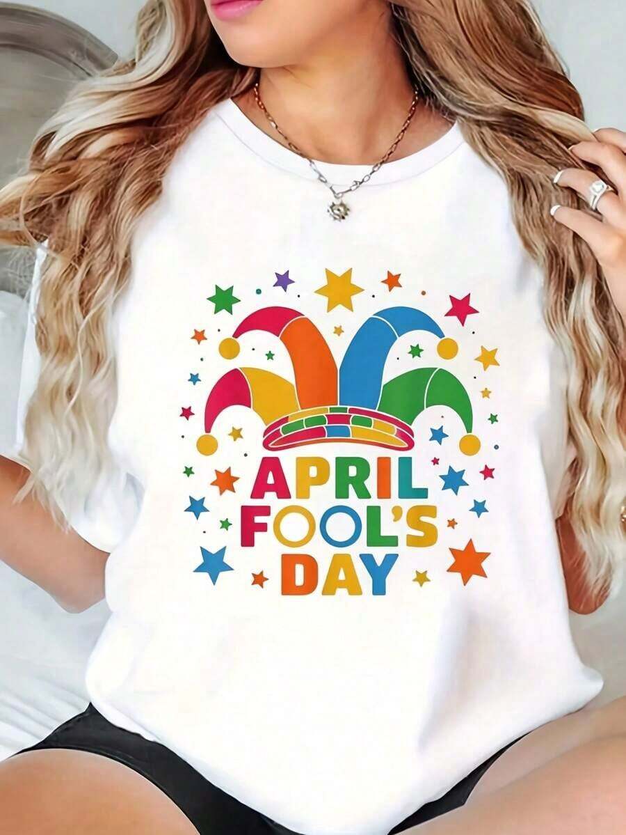 1 pieza Kit de bromas divertidas para el Día de las Bromas de Abril - Camiseta de manga corta con cuello redondo, suave, transpirable y ligera, con estampado gráfico de arcoíris y Día de las Bromas de Abril, para usar en todas las estaciones (180g Algodón 100%) - Blanco - Ver 1