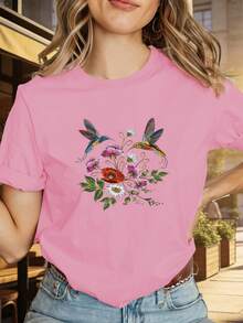 1 camiseta de manga corta con cuello redondo, estampado floral y de aves en negro - Prenda casual y cómoda, adecuada para uso diario, para usar en capas, lavable a máquina - Un elemento esencial del guardarropa tanto para atuendos de oficina como de fin de semana, 100% algodón de 180g. - Blanco - Ver 7