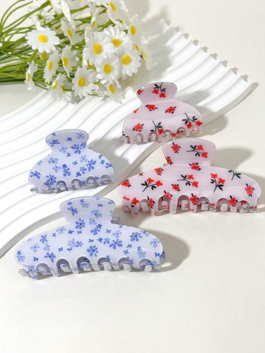 2 Peças Conjunto de Presilhas de Cabelo com Estampa Floral Miúda, Presilhas de Cabelo Grandes e Médias Antiderrapantes, Grampos de Cabelo Estéticos para Penteado Meio Preso e Totalmente Preso, Uso Diário e na Praia, Acessórios de Cabelo Y2K para Adolescentes - Multicolorido - Visão 1