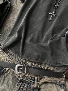 1 Piece Of Women's Casual Short-Sleeved Loose-Fitting Washed T-Shirt, Vintage Style, Y2K, Grunge Shirt, 180g, 100% Cotton. - 黑色 - 查看 4