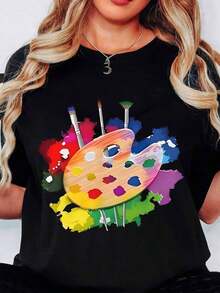 Camiseta de Mujer con Estampado de Paleta de Pintura Colorida y Pinceles, Diseño Artístico Casual para Uso Diario y Actividades Creativas - Negro - Ver 6