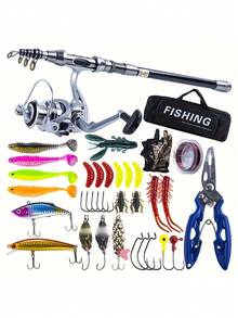 GOTURE 1set Fishing Rod, Reel, And Glove Set Including A Saltwater Long-Casting Lure Rod-Reel Combo, Retractable Spinning Rod, Quick-Drying Half-Finger Fishing Gloves With Three-Finger Open Design, And A Randomly Colored Lure Set In The Rod-Reel Combo. - Multicolor - View 2
