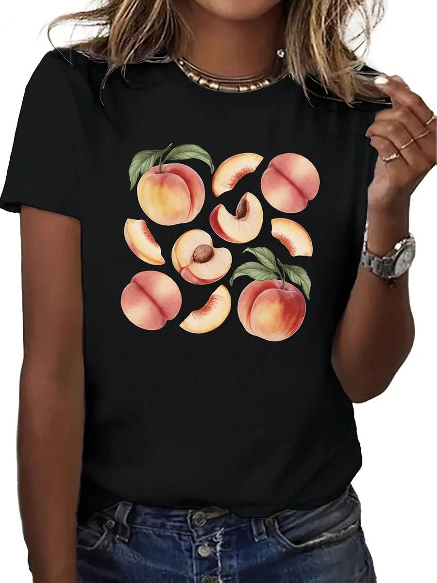 Soft, Breathable, And Lightweight For All-Day Comfort. Women's Vintage Peach Print T-Shirt - Soft, Breathable, Loose Fit, Crew Neck, Short Sleeves, Featuring A Design Of Peaches And Bright Leaves On A Black Background. Suitable For Everyday Casual Wear In All Seasons, Lightweight H-Shaped Cut, Machine Washable, Urban Style. Classic Crew Neck With A Relaxed Fit That Flatters All Body Shapes And Is Easy To Pair With Jeans, Shorts, And Leggings. - 黑色 - 查看 1