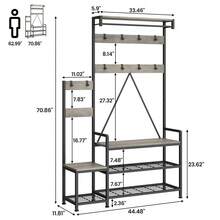 Rustic Industrial Hall Tree Coat Rack – Freestanding Entryway Organizer with Shoe Storage Bench, Hooks, Hanging Bar, Storage Cubbies, Top Shelf, Metal Frame for Hallway, Living Room - Gris - Ver 3