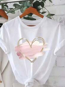 Elegant Summer T-Shirt, Pink Heart Print, Round Neck, Short Sleeves, Casual Loose Fit. - 白色 - 查看 1