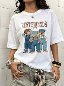 Women's Casual Loose Fit T-Shirt With "Best Friends 1979 Bear" Print, Breathable And Comfortable, Short Sleeve, Crew Neck, Retro 3 Bear Print, Soft Fabric, Perfect For Everyday Wear And Urban Style Y2K - 白色 - 查看 7