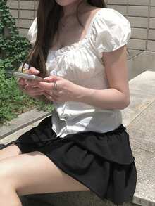 Korean Style Summer Minimalist Ruffle Lace Patchwork Short Sleeve Blouse White - White - View 9
