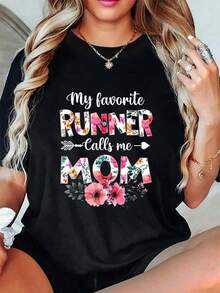 1 Piece Mother's Day T-Shirt "My Favorite Runner Calls Me Mom", Running Mom T-Shirt, Mother's Day T-Shirt, Summer Tops, Short Sleeve, Round Neck, Casual T-Shirt For Summer And Spring, Women's Clothing, 180g 100% Cotton. - 黑色 - 查看 6
