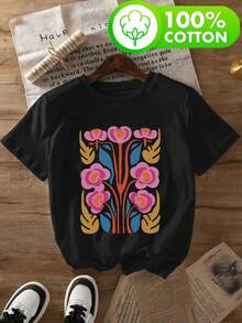 Women's Plus Size Essential Casual T-Shirt With Bright Vintage Floral Print, Women's Pure Cotton Summer Crew Neck T-Shirt, Casual Short Sleeve Top, Unique Style For Daily Wear, Loose Fit, Breathable And Soft, Vacation Outfit, Soft Cotton Everyday Clothes. - 黑色 - 查看 1
