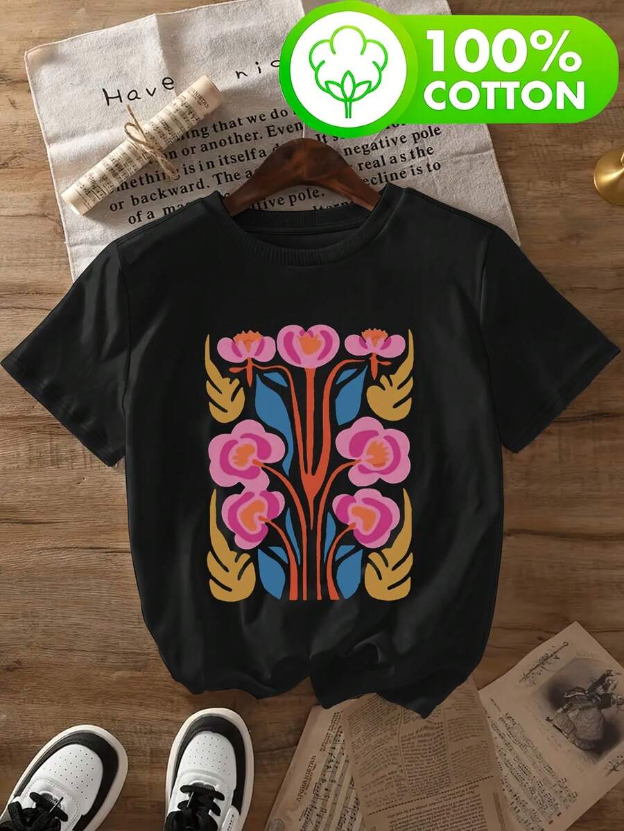Women's Plus Size Essential Casual T-Shirt With Bright Vintage Floral Print, Women's Pure Cotton Summer Crew Neck T-Shirt, Casual Short Sleeve Top, Unique Style For Daily Wear, Loose Fit, Breathable And Soft, Vacation Outfit, Soft Cotton Everyday Clothes. - 黑色 - 查看 1