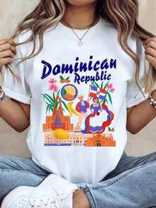 Costume Ideas For The Dominican Republic, Printed T-Shirts For Women, Casual Short Sleeve Crew Neck T-Shirts, Women's T-Shirts - 白色 - 查看 1