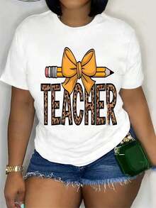 Women's Short-Sleeved T-Shirt, Soft And Breathable, 100% Cotton - Graphic Print With Teacher Theme, Casual Round Neck Top For Back To School Season, Versatile T-Shirt For Educators And Mothers, Teacher T-Shirt. - 白色 - 查看 1