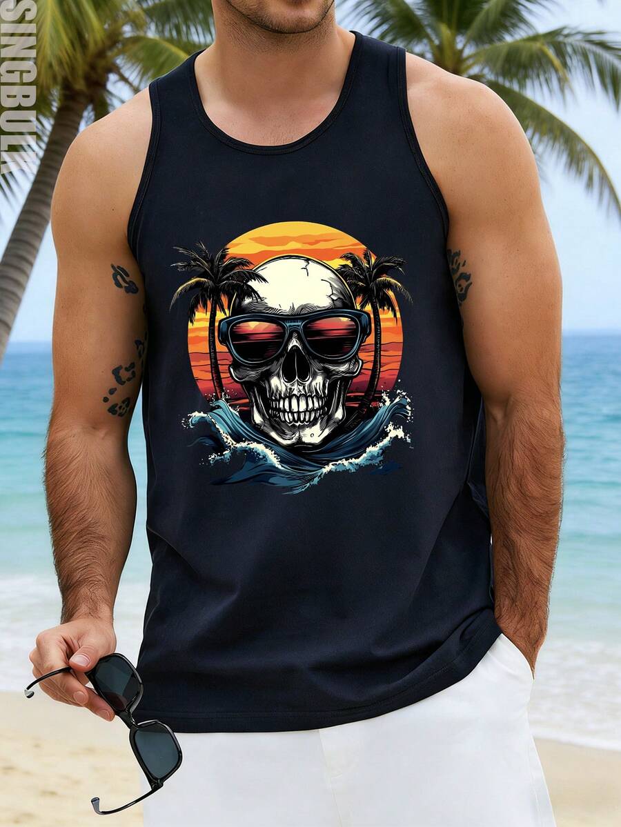 singbulk Men's Cotton Soft Breathable Ocean Wave Skull Beach Daily Holiday Casual Tank Top - 黑色 - 查看 1