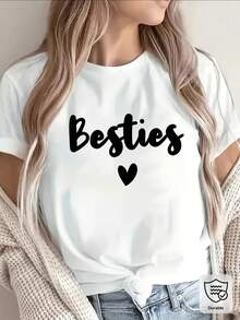 Lightweight And Durable Short-Sleeved T-Shirt With Best Friend Print And Heart Design, Ideal For Casual Outings, Meals Or Spending Time With Friends, Offering A Comfortable Fit For Everyday Wear - 白色 - 查看 1