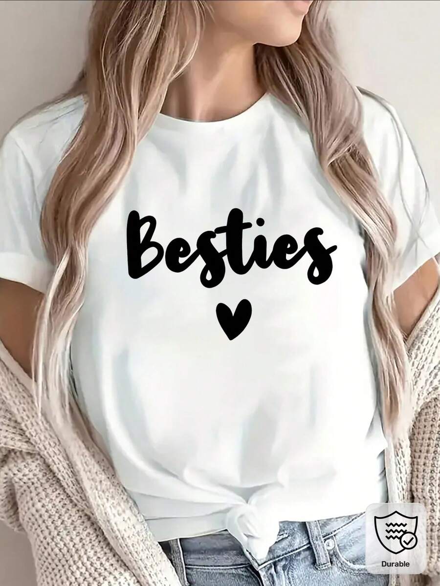 Lightweight And Durable Short-Sleeved T-Shirt With Best Friend Print And Heart Design, Ideal For Casual Outings, Meals Or Spending Time With Friends, Offering A Comfortable Fit For Everyday Wear - 白色 - 查看 1