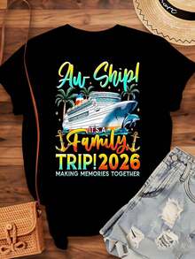 Women's Cotton T-Shirts Ah Ship Its A Family Trip 2026 Making Memories Together Cruise Shirt For Family Vacation, Travel Outfit, Summer Gift For Parents And Children, Basic Women's Blouses - 黑色 - 查看 3