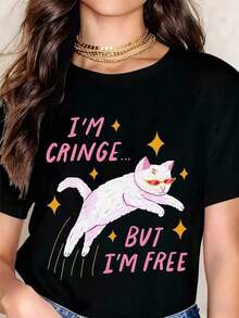 Women's Cool Summer T-Shirt, Casual, Loose Fit, Round Neck, Short Sleeve, With Pink Cat Print And The Phrase "I'm Cringe But I'm Free", For Everyday Wear And Urban Style. - 黑色 - 查看 1
