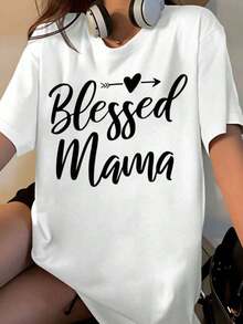 Blessed Mama Women's T-Shirt, Maternity Gift, Mother's Day T-Shirt, Cute T-Shirt For Mom, Casual Black Top - 白色 - 查看 1