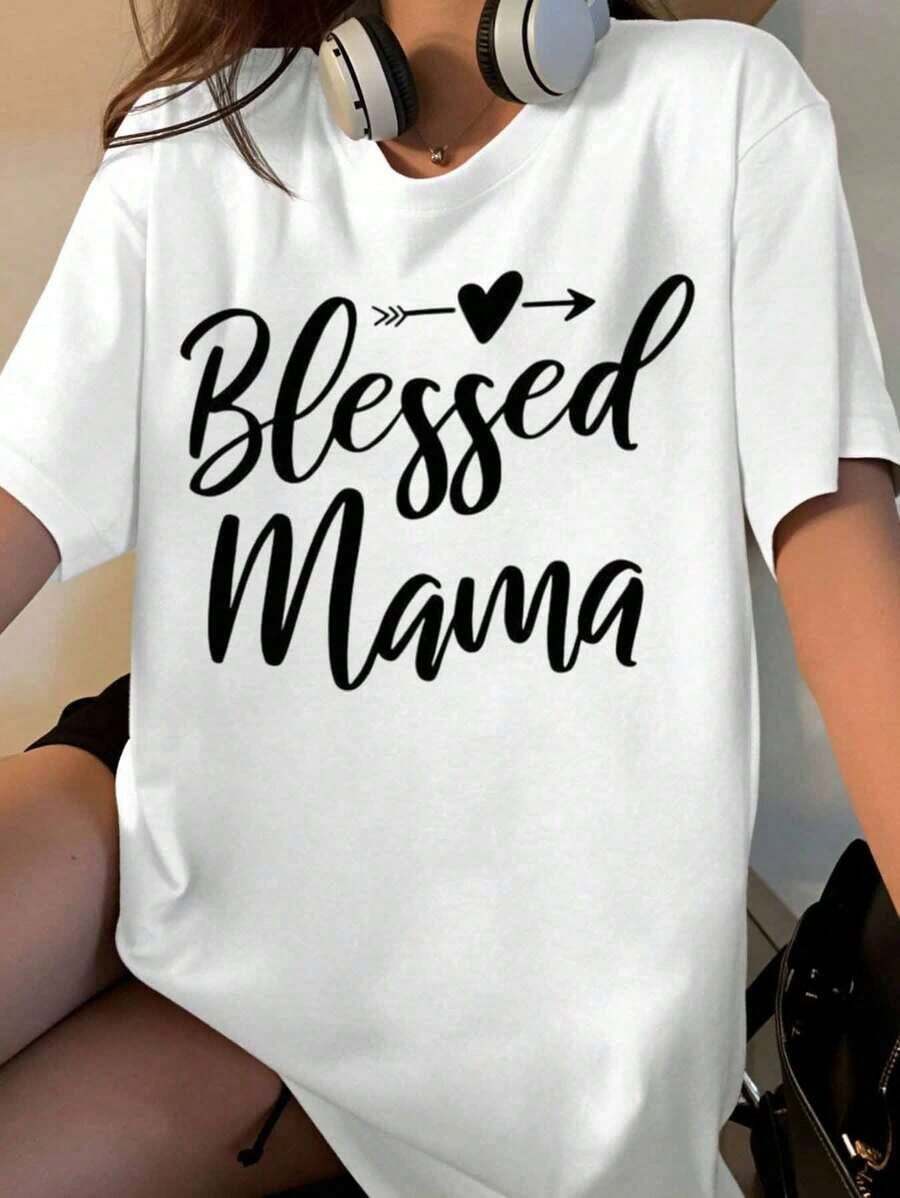 Blessed Mama Women's T-Shirt, Maternity Gift, Mother's Day T-Shirt, Cute T-Shirt For Mom, Casual Black Top - 白色 - 查看 1