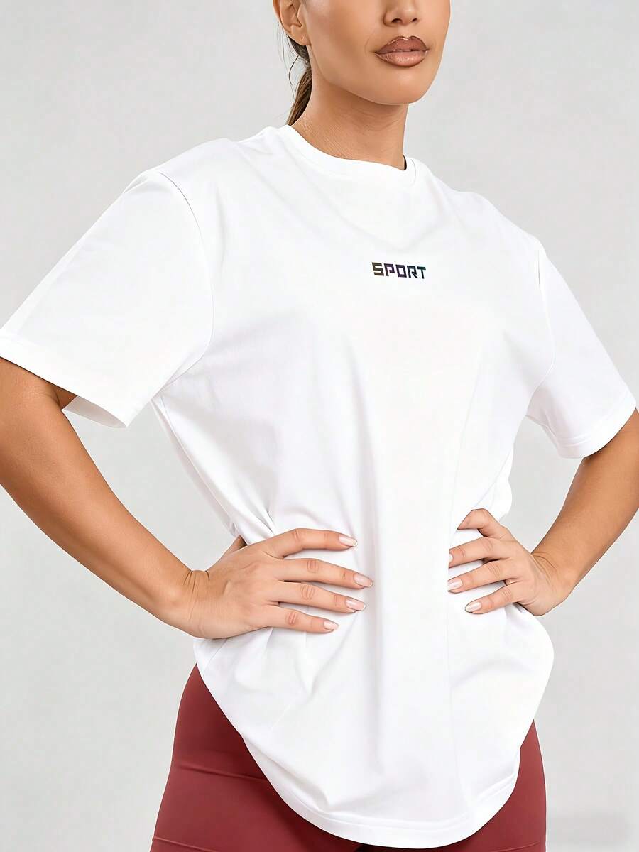 Women's Sports Top With A Round Neck, Quick-Drying, Ideal For Running, Yoga, And Summer Wear. Breathable, With A New Print, Loose Fit, And Short Sleeves. - 白色 - 查看 1