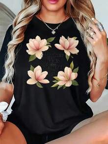 Soft, Breathable, And Lightweight For All-Day Comfort. Women's Crew Neck T-Shirt - Casual And Soft Top For Everyday Wear With A Floral Design - Machine Washable, An Essential Item - Fashionable Women's Clothing. Classic Crew Neck With A Relaxed Fit That Flatters All Body Shapes And Is Easy To Pair With Jeans, Shorts, And Leggings. - 黑色 - 查看 1