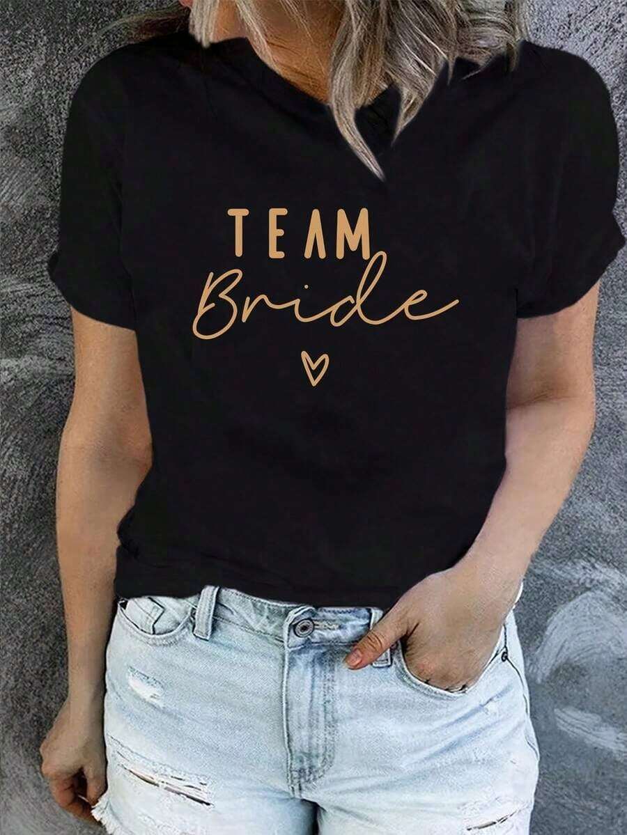 Camiseta Casual Suave para Mujer, Manga Corta, Cuello Redondo, Top de Punto de Poliéster para Verano, Camiseta de Corte Regular con Estampado de Alfabeto para Primavera y Verano, Manga - Negro - Ver 1